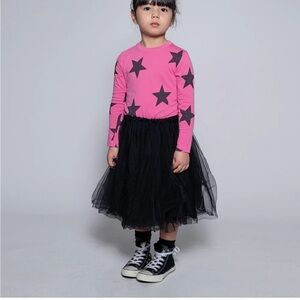 Pink Star Long Sleeve Dress with Black Tulle Skirt